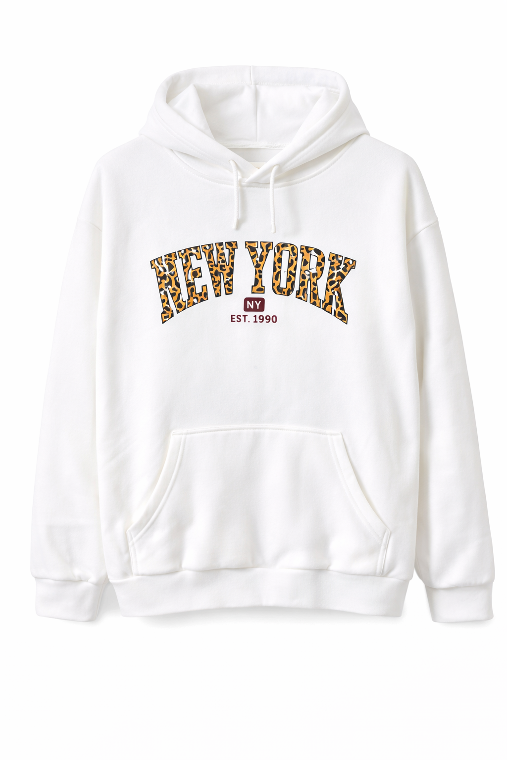 White New York Leopard Print Hoodie – Oversized Casual Winter Sweatshirt for Women