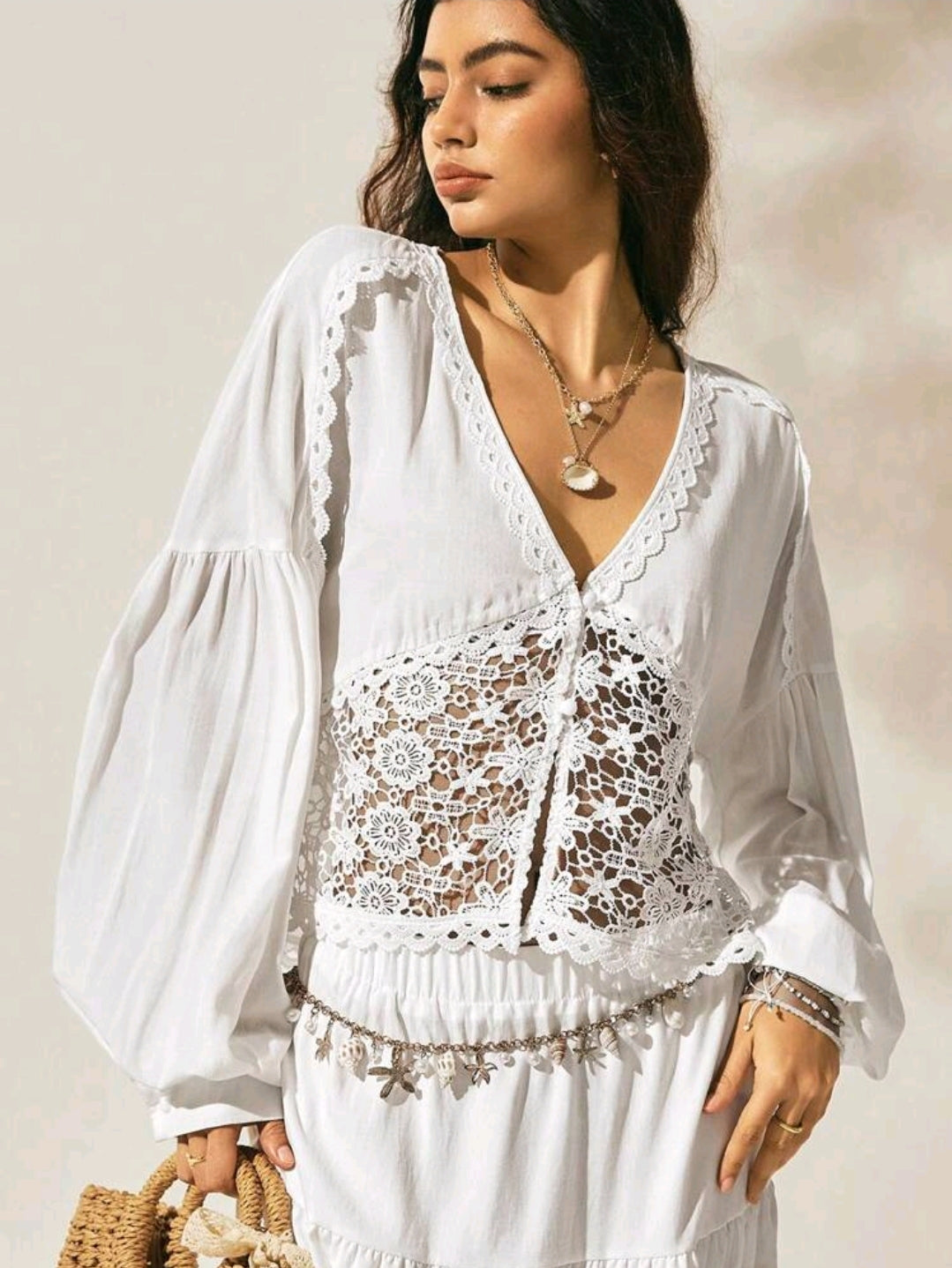 Easelle White Boho Lace Patchwork Blouse – Lantern Sleeve Crochet Detail Vacation Top