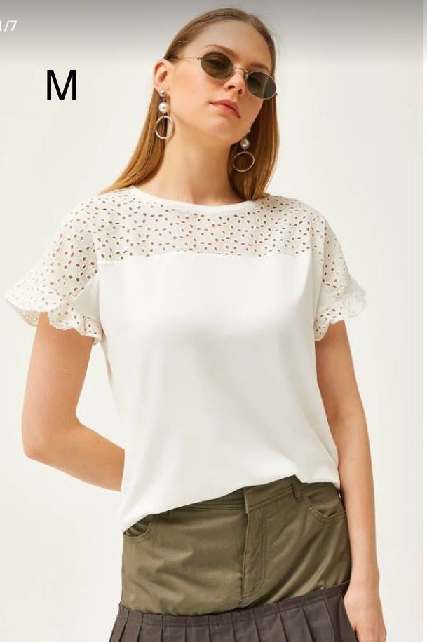 Women’s White Eyelet Lace Sleeve Cotton Top, Casual Elegant Short Sleeve Blouse