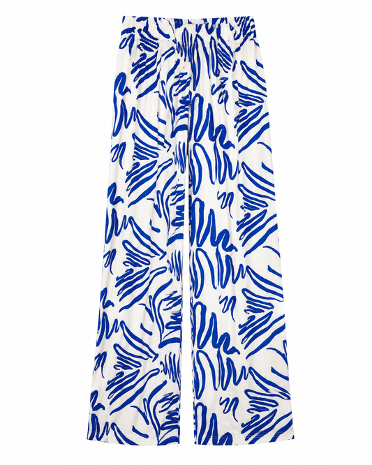 Women’s Blue White Printed Wide Leg Pants, Elastic Waist Summer Trousers