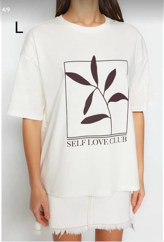 Women’s White Self Love Club Graphic Cotton T-Shirt, Casual Short Sleeve Top
