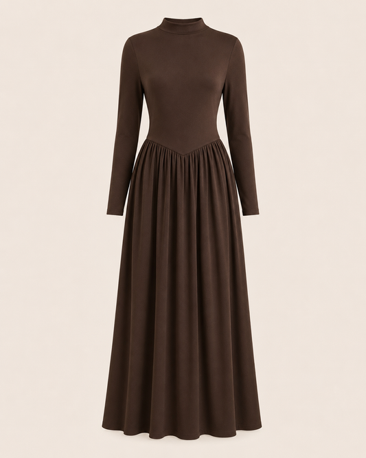 Women’s Brown Long-Sleeve Drop-Waist Maxi Dress