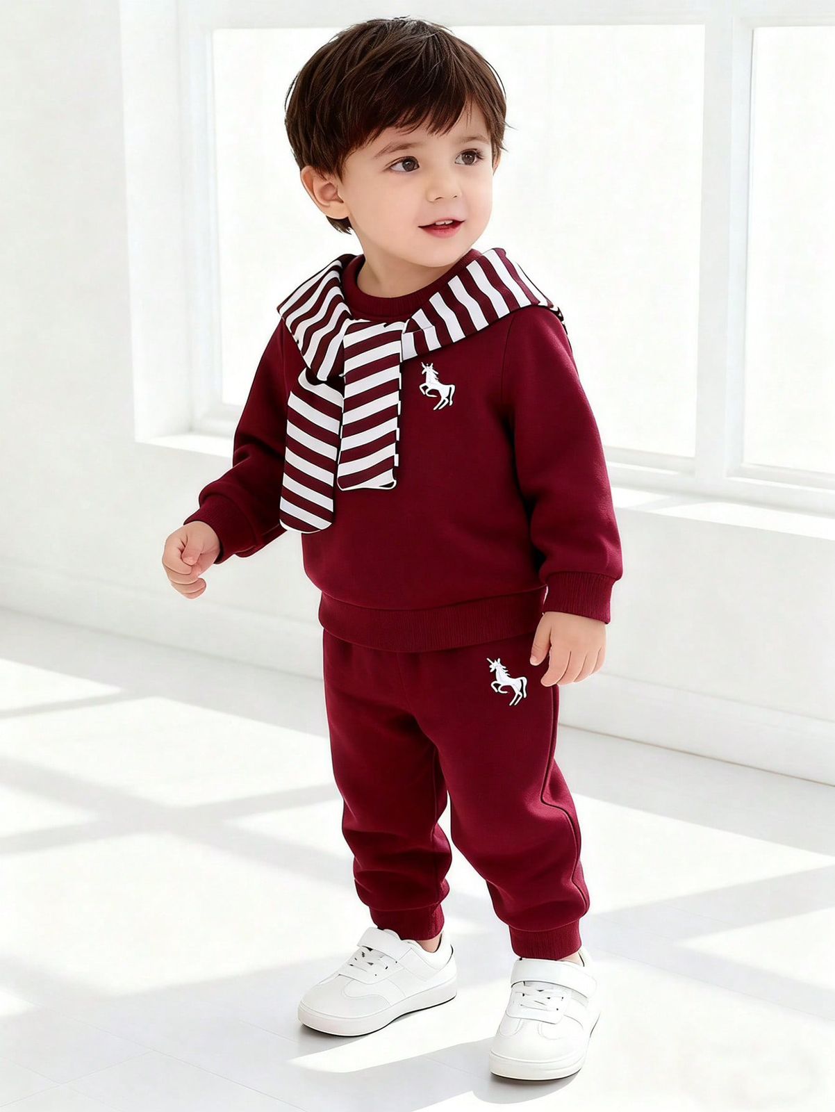 Toddler Boys 2-Piece Sweatshirt Set – Burgundy Deer Embroidery Striped Scarf Collar Tracksuit