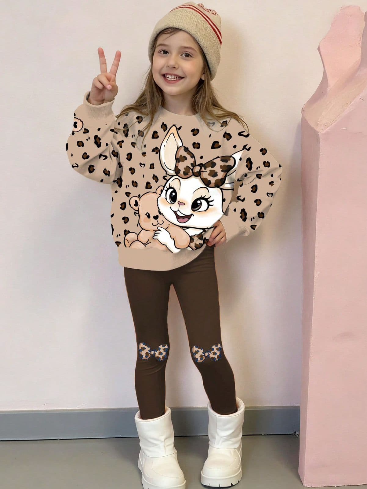 Girls Leopard Bunny Sweatshirt & Leggings Set