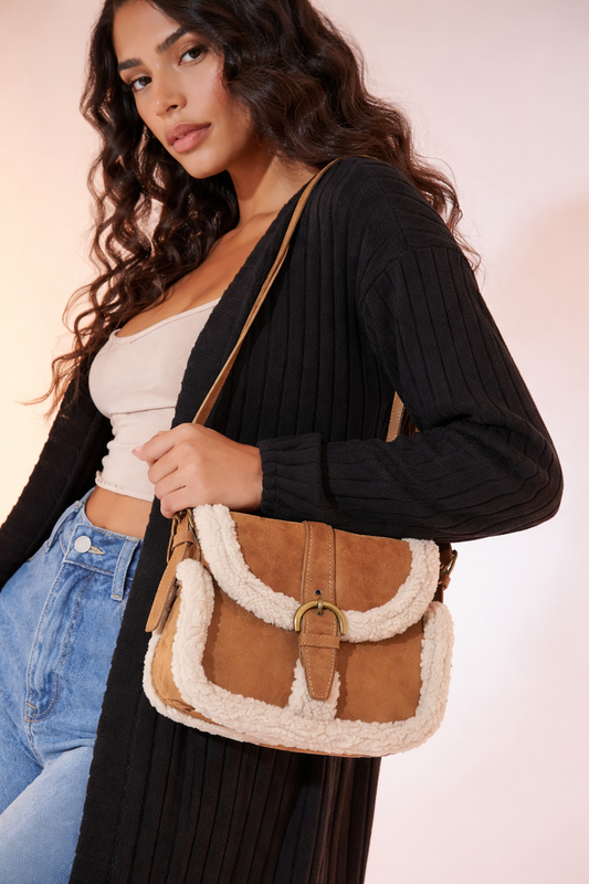 Women’s Brown Faux Suede Shearling Trim Crossbody Bag – Vintage Buckle Flap Shoulder Bag