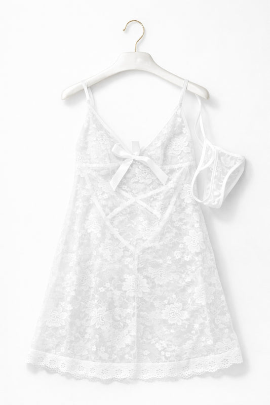 White Lace Babydoll Lingerie Set – Sheer Floral Slip Dress with Matching Panty for Women