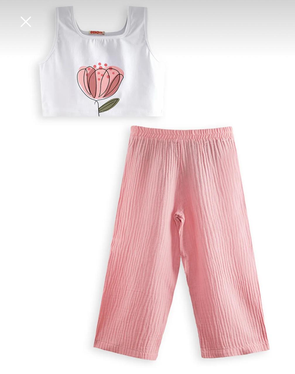 Girls’ Denokids Pink Floral Summer Set – Cotton Crop Top and Wide Leg Pants