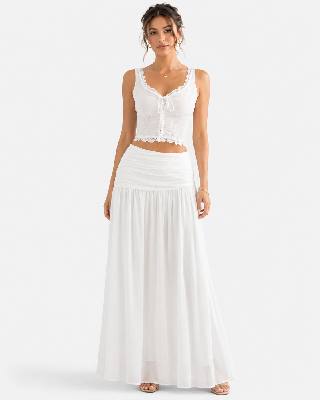 SHEIN Women’s White Chiffon Maxi Skirt Set – Lace Crop Top & High Waist Flowing Skirt, SHEIN Fast Delivery in 5 Days