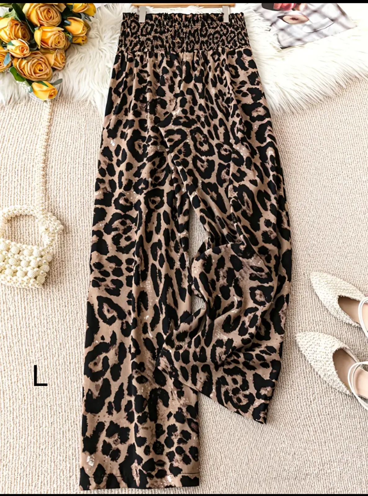 Women’s Leopard Print Wide Leg Pants – Crepe Style Relaxed Palazzo Pants