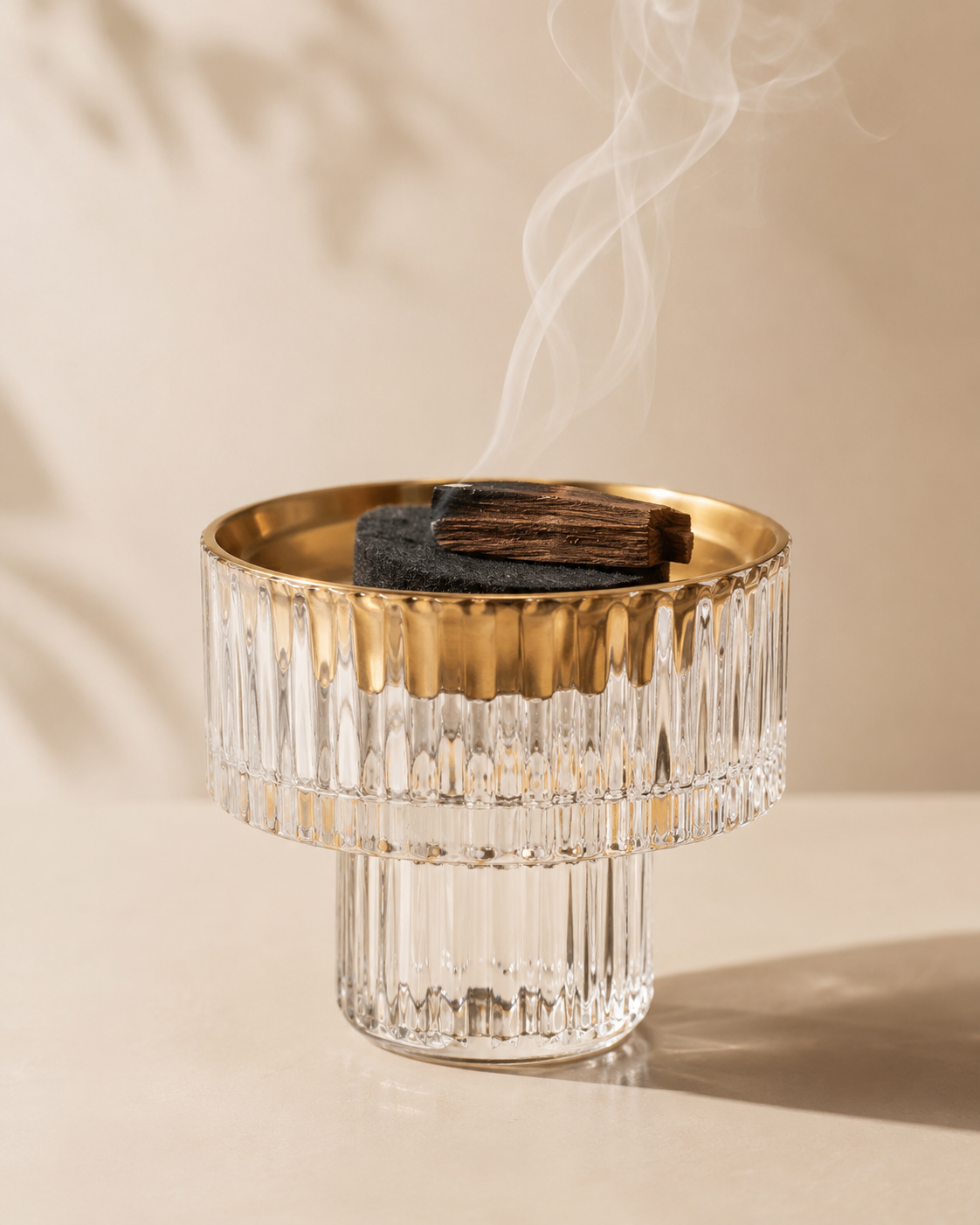 Clear Ribbed Glass Incense Burner with Gold Rim