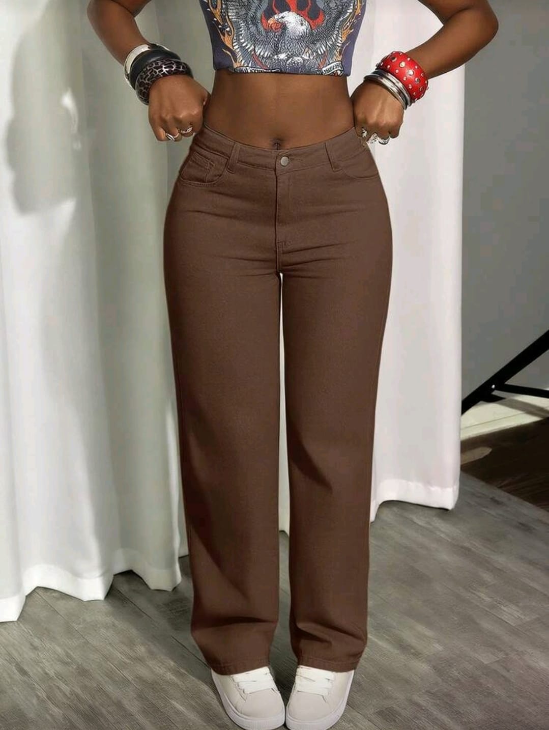 High Waist Straight Leg Pants – Brown – Casual Chic Wide Fit Trousers