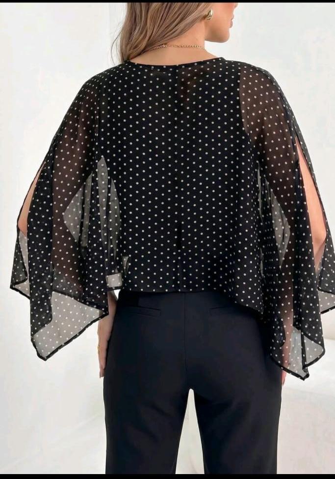 SHEIN Fast Delivery Black Polka Dot Sheer Cape Blouse