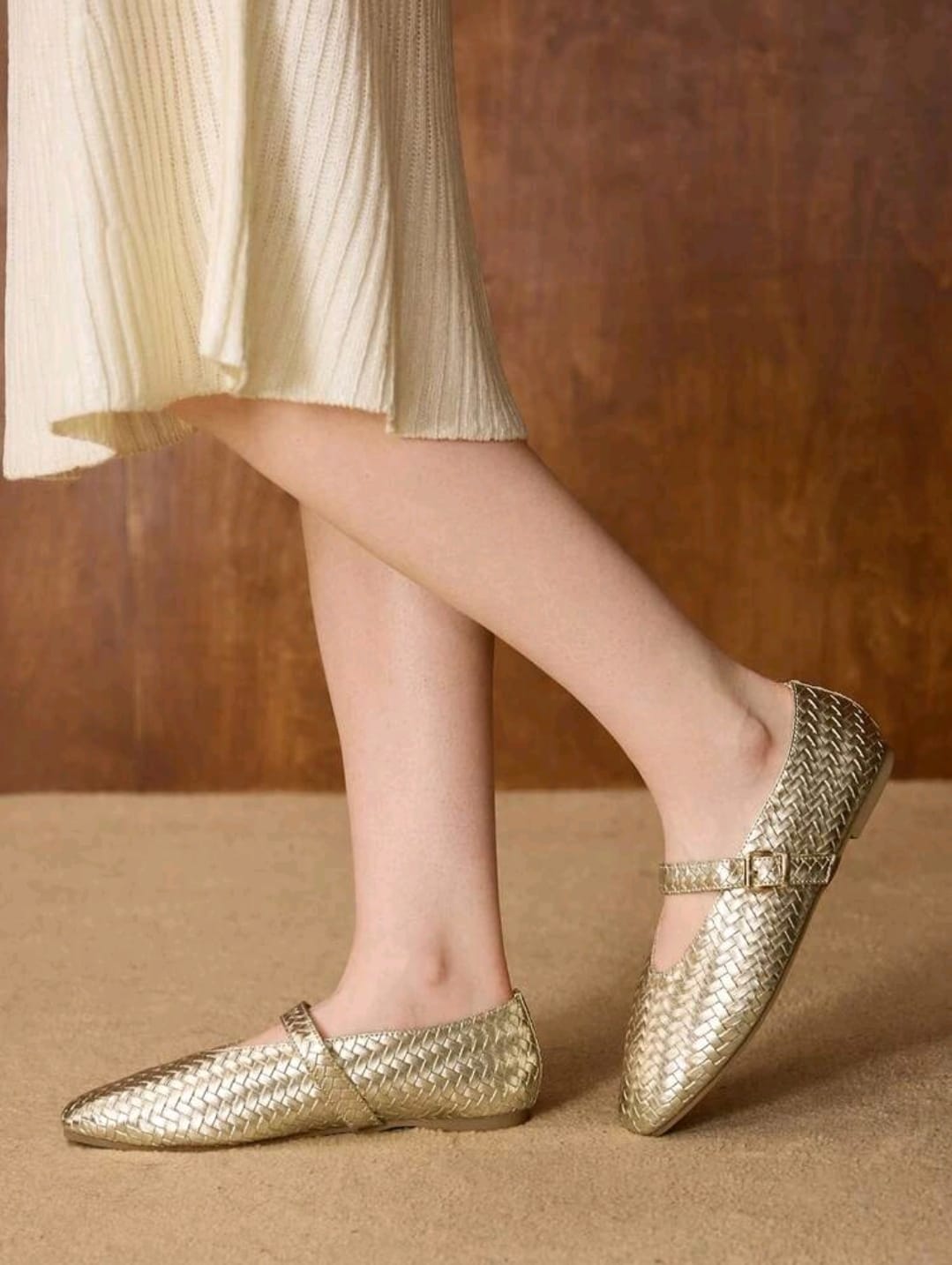 SHEIN Women Gold Woven Mary Jane Flat Shoes