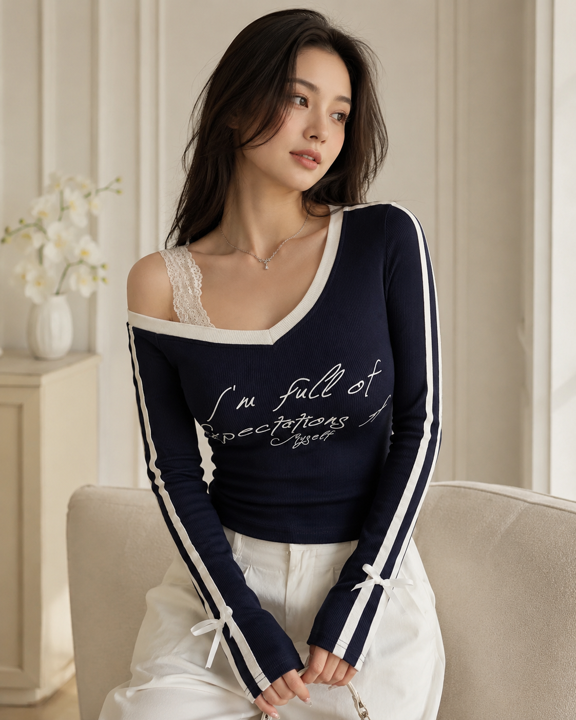 Women’s Navy Off Shoulder Ribbed Top – Contrast V Neck Long Sleeve Bow Detail Blouse