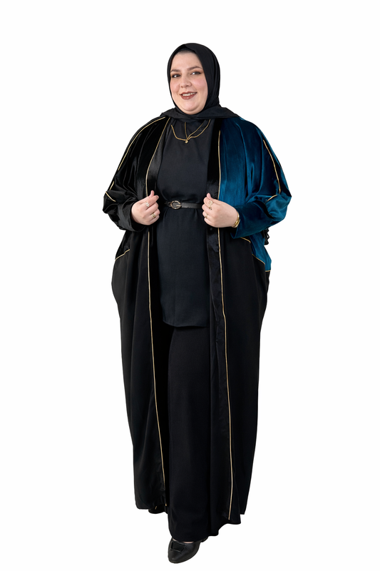 Plus Size Velvet Open Abaya Set – Black & Teal – Elegant Modest 3 Piece Outfit