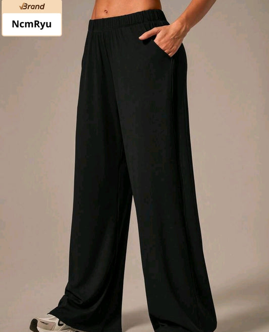 SHEIN Women’s Black Ribbed Wide Leg Sports Pants – Elastic Waist Loose Fit Pocket Trousers,