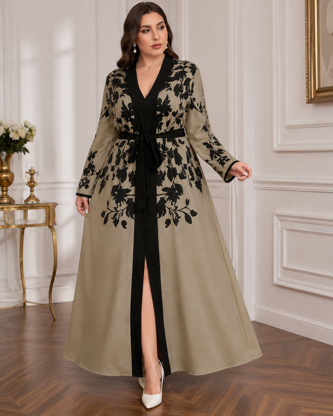 Plus Size Floral Print Belted Abaya Dress
