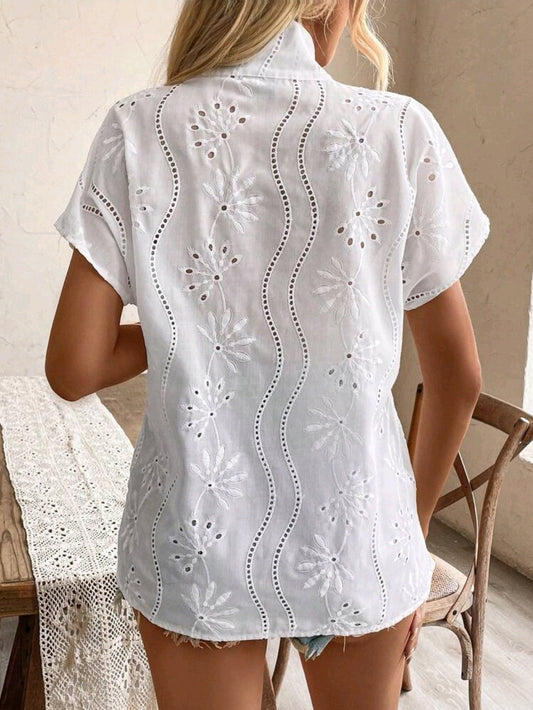 Women’s White Embroidered Eyelet Blouse – Short Sleeve High Neck Summer Top