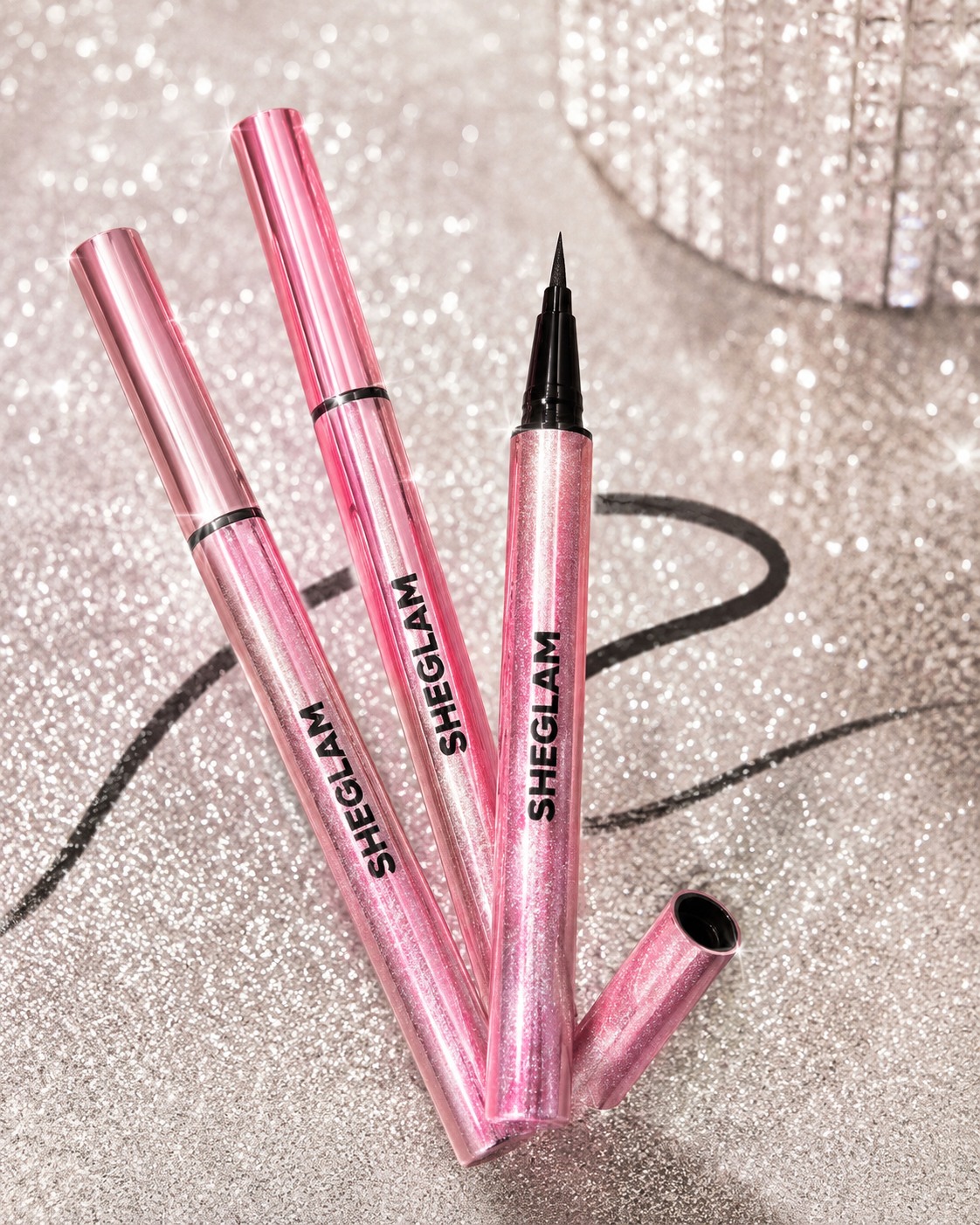 SHEGLAM Black Liquid Eyeliner Pen, Glitter Pink Packaging, Waterproof Winged Eye Makeup Liner