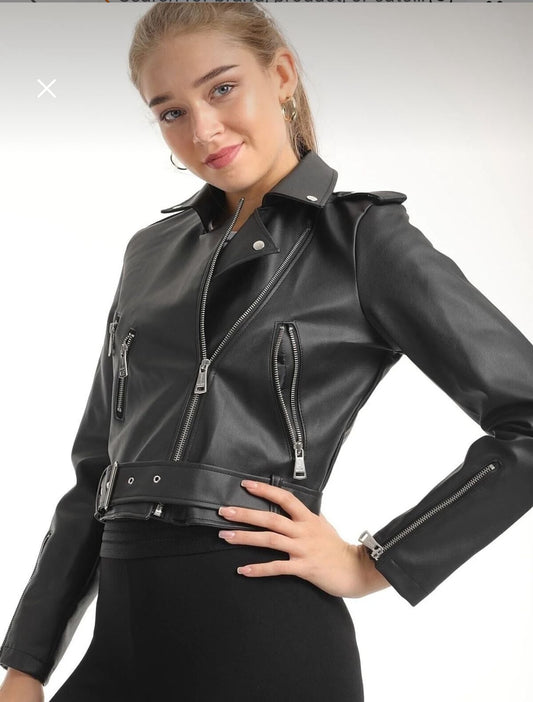 Women’s Black Faux Leather Biker Jacket with Belt – Slim Fit Zip Moto Jacket