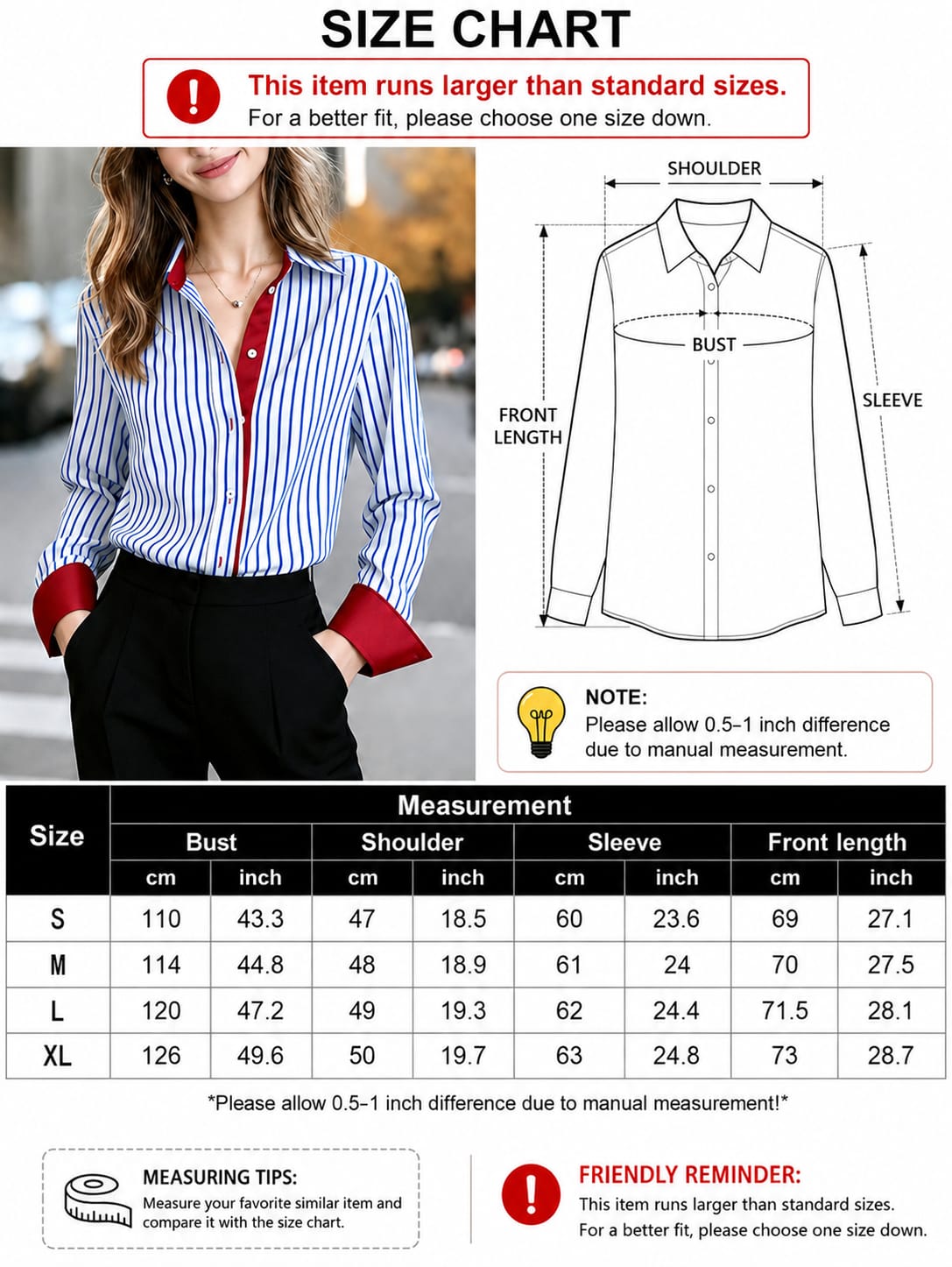 SHEIN Women Blue Stripe Contrast Collar Shirt