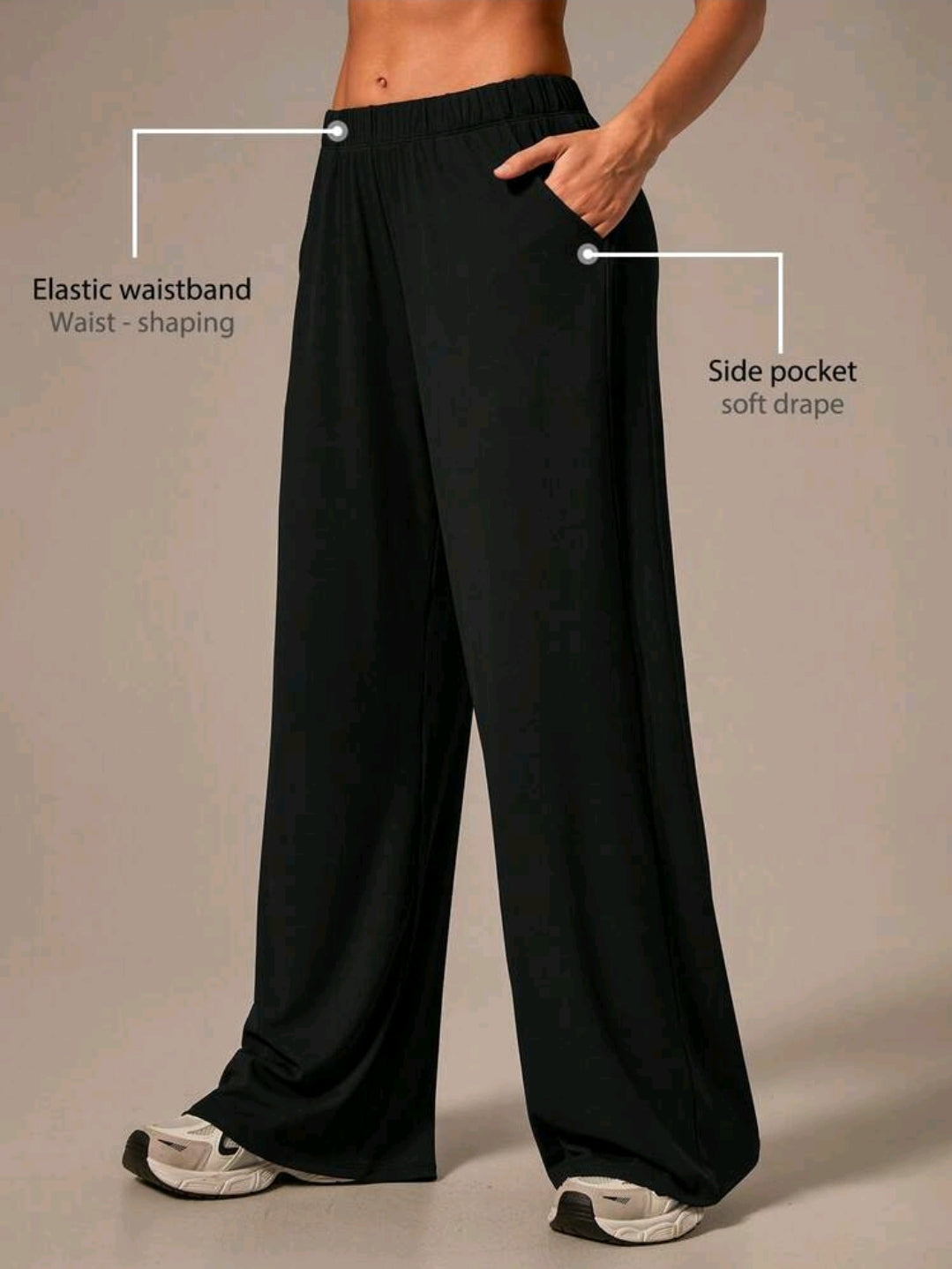 SHEIN Women’s Black Ribbed Wide Leg Sports Pants – Elastic Waist Loose Fit Pocket Trousers,