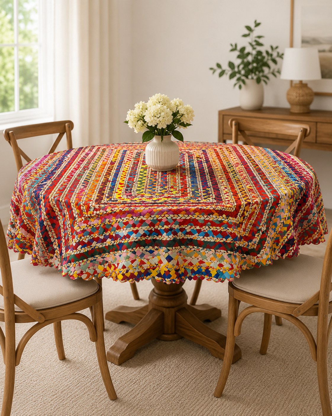 Bohemian Round Multicolor Braided Table Cover 152 cm