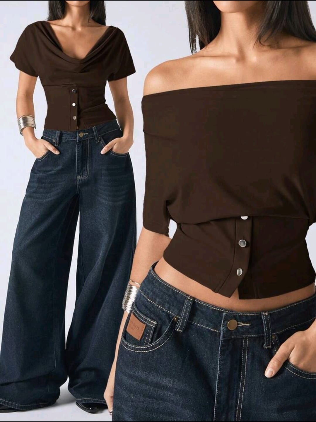 SHEIN Women Brown Off Shoulder Button Detail Top