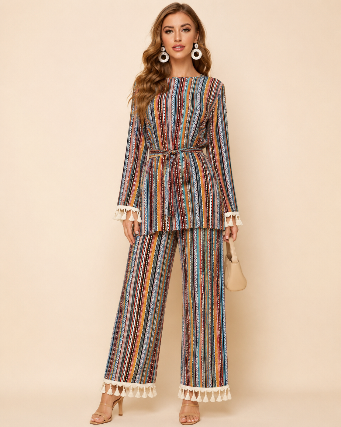 Boho Striped Two-Piece Women’s Set with Tassel Trim, Long Sleeve Top and Wide-Leg Pants