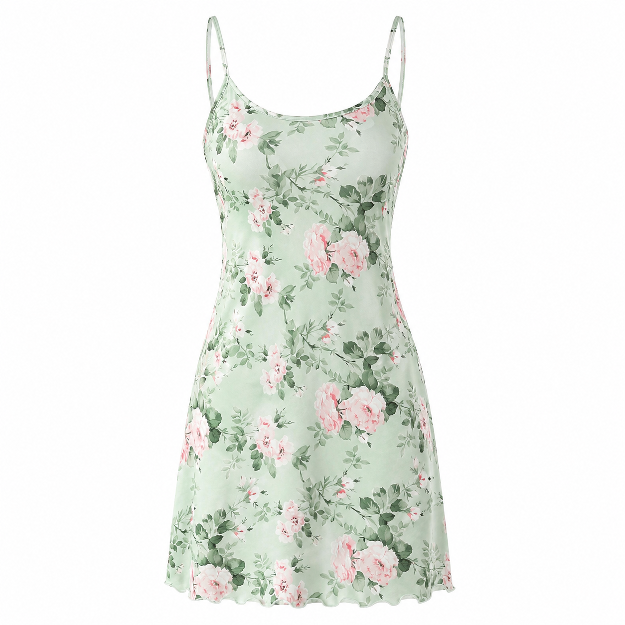 Mint Green Floral Spaghetti Strap Mini Dress