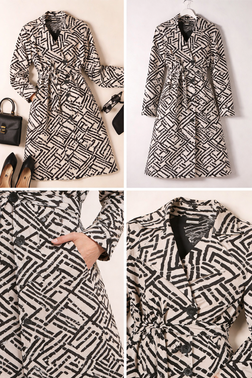 Black & beige Geometric Print Double Breasted Trench Coat – Women’s Belted Statement Long Coat