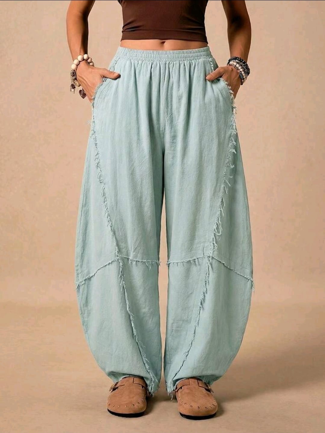 SHEIN Women Light Blue Frayed Wide Leg Pants