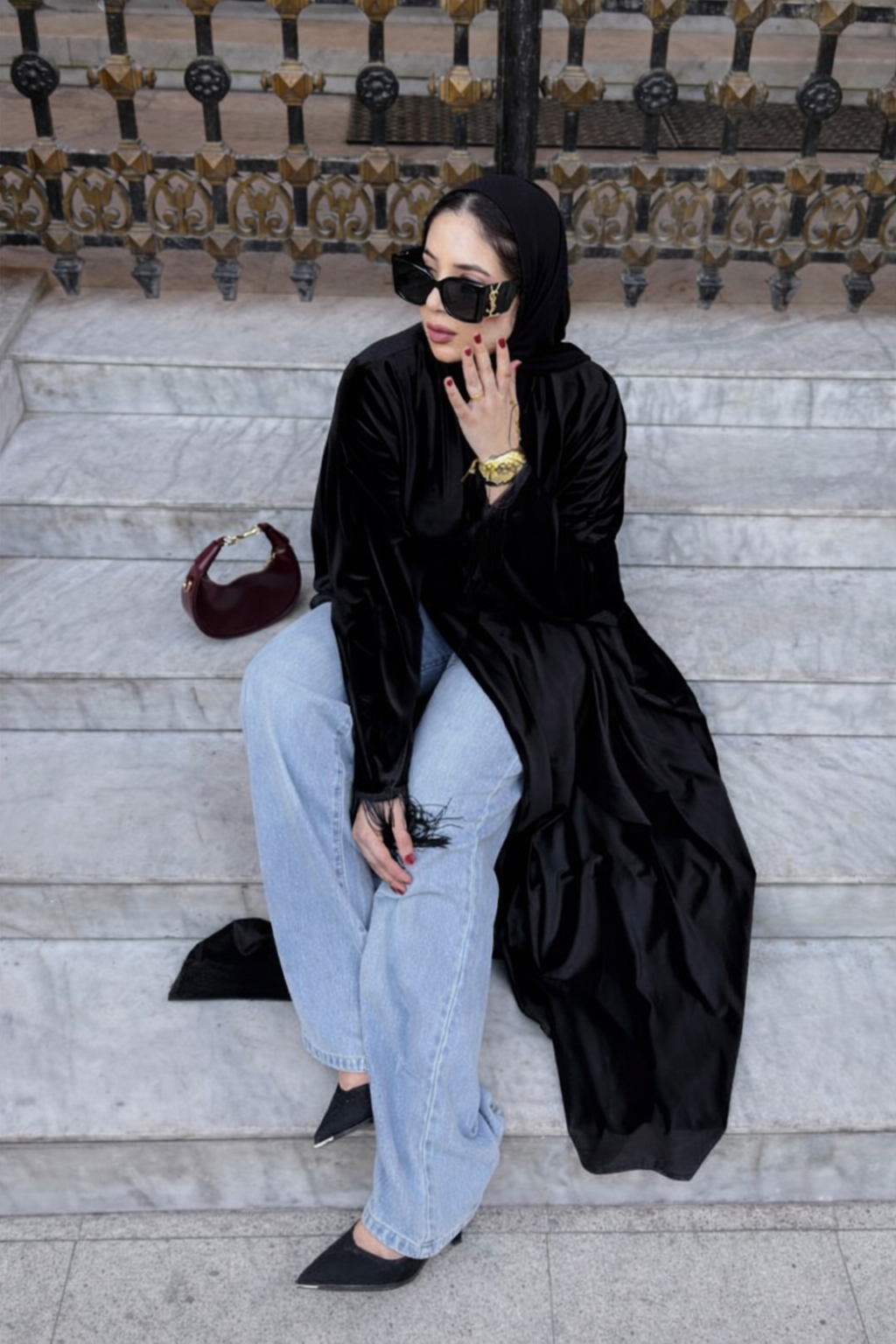 Luxury Black Satin Open Front Abaya Cardigan for Women โ Elegant Modest Kimono
