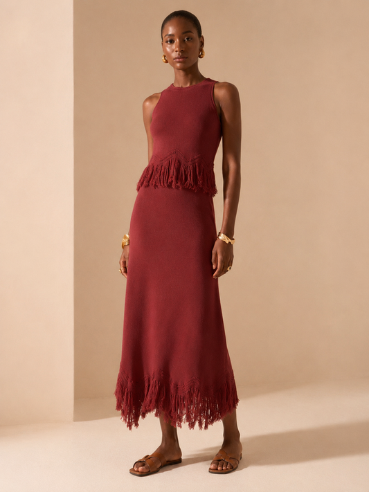 SHEIN Rust Red Fringe Knit Two-Piece Dress Set - SHEIN Fast Delivery in 5 Days