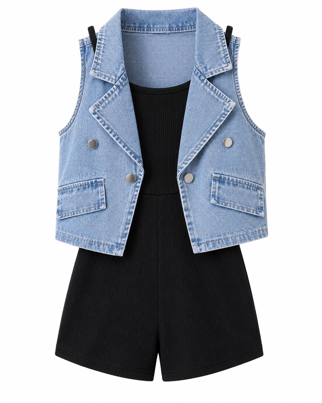 Girls Denim Vest and Black Romper Set – SHEIN Fast Delivery in 5 Days