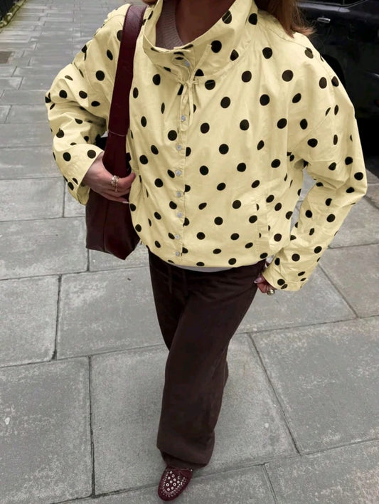 SHEIN Women Yellow Polka Dot Tie Neck Blouse