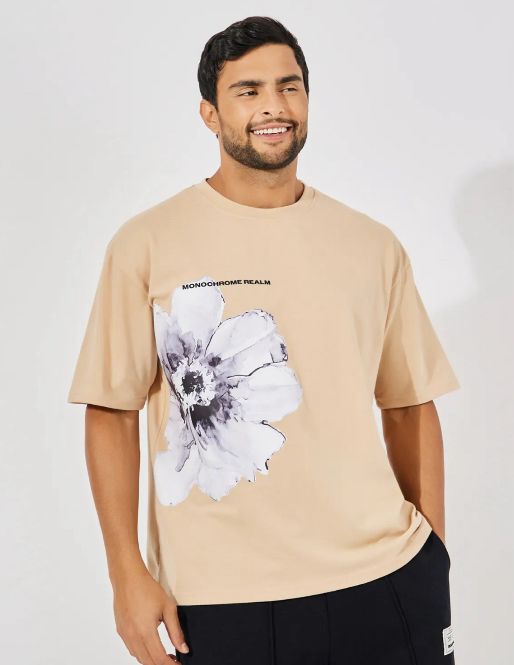 Men’s Beige Floral Graphic Cotton T-Shirt, Short Sleeve Casual Summer Top