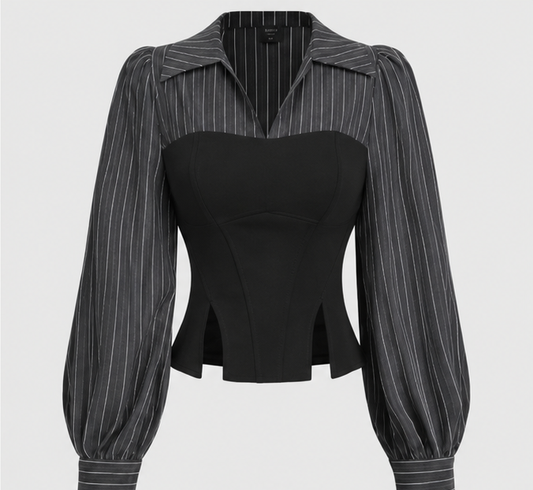 Women’s Black Pinstripe Puff Sleeve Corset Top