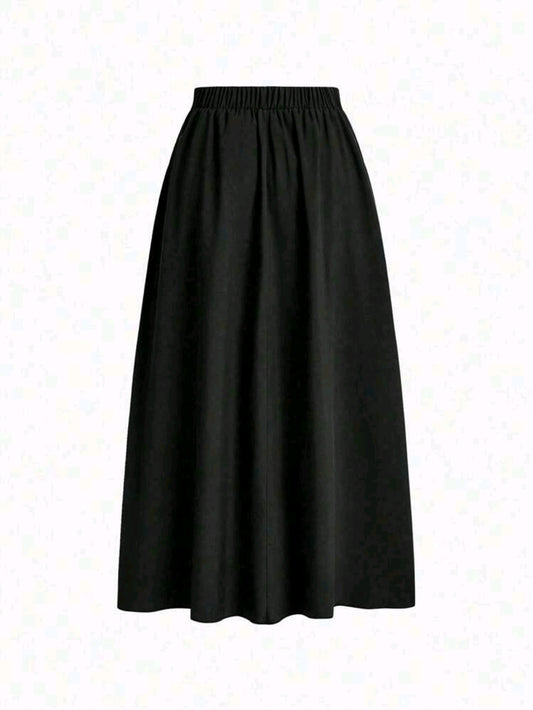 Women's High Waist Flared Maxi Skirt – Elastic Waist – Flowing A-Line Long Skirt – Black