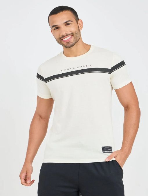 Men’s Off White Chest Stripe Cotton T-Shirt, Short Sleeve Casual Slim Fit Top