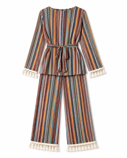 Boho Striped Two-Piece Women’s Set with Tassel Trim, Long Sleeve Top and Wide-Leg Pants