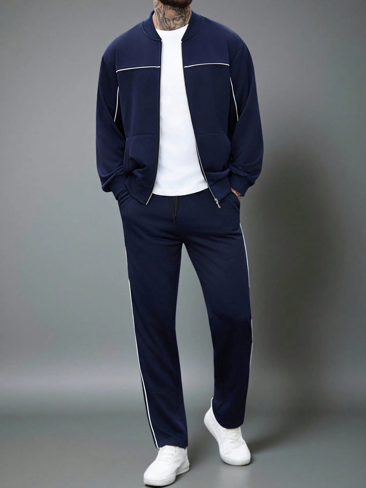 SHEIN Men’s Navy Blue Zip-Up Tracksuit Set – Jacket and Matching Pants