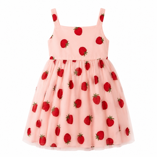 Girls Pink Strawberry Print Sleeveless Dress