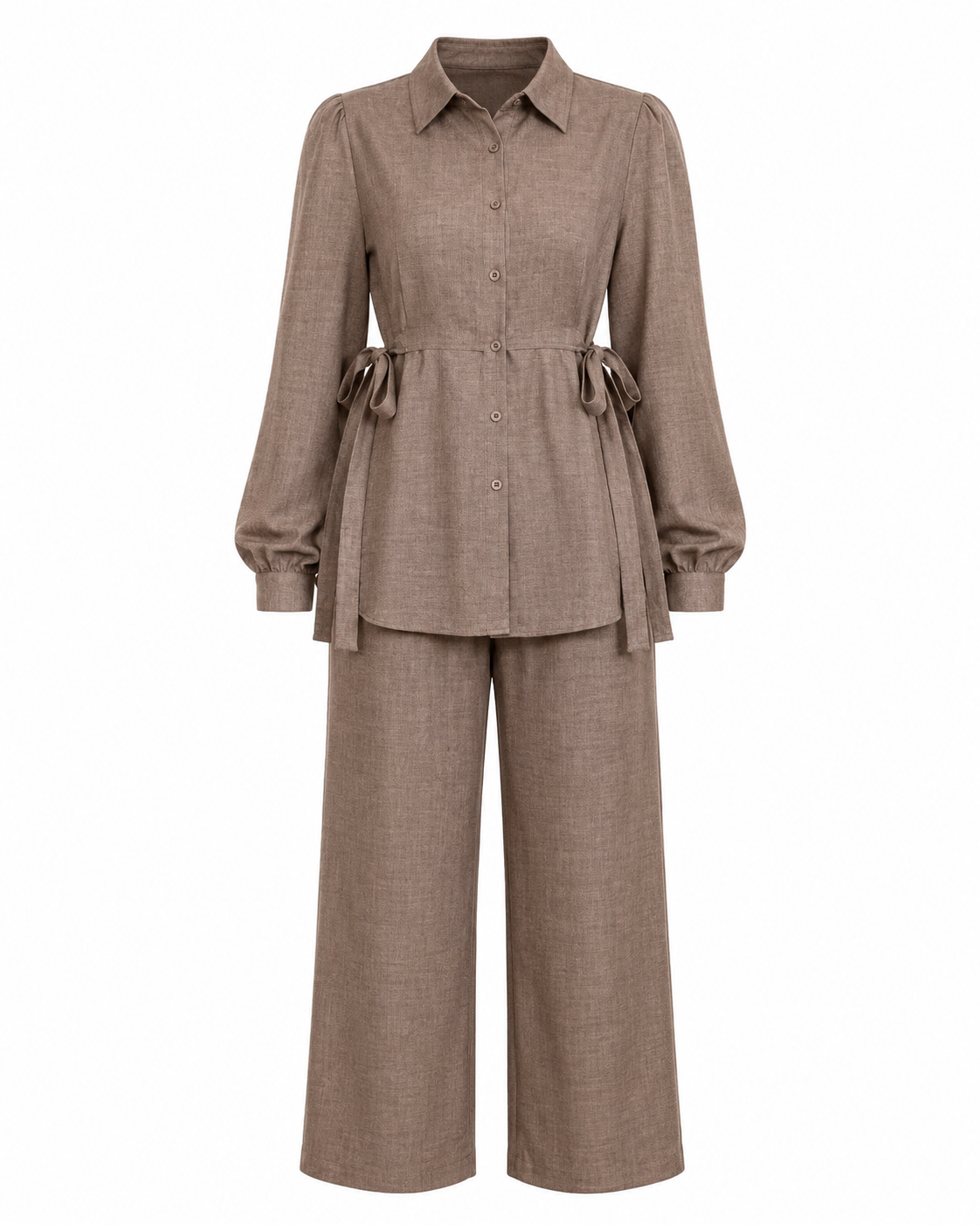SHEIN Women’s Brown Shirt & Wide Leg Pants Set – Belted Long Sleeve Co-Ord Set, SHEIN Fast Delivery in 5 Days
