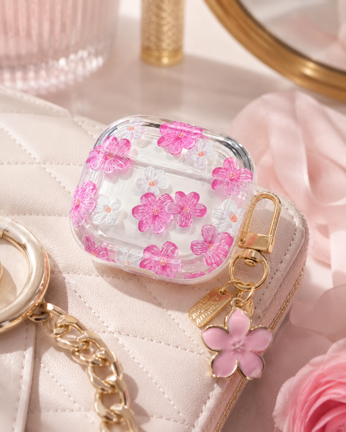Clear Floral AirPods Case with Pink Flower Keychain