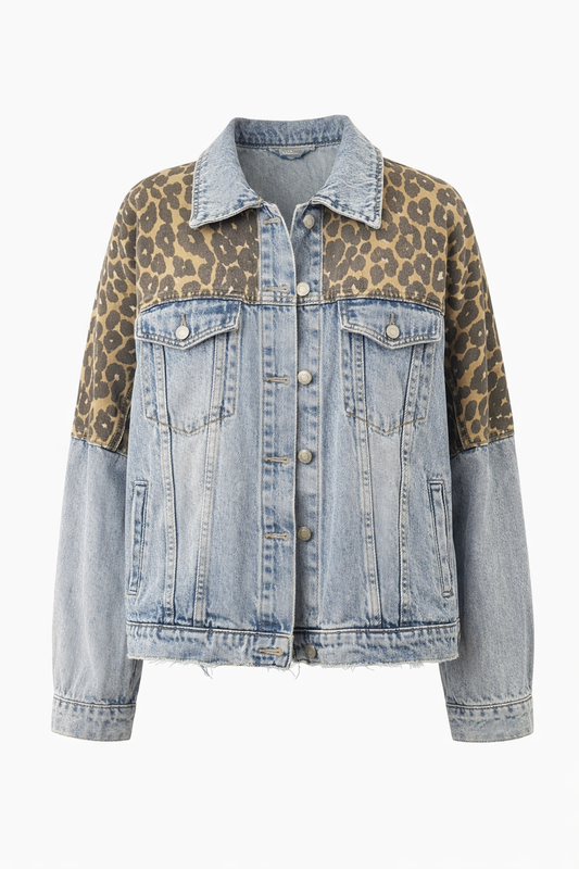 Leopard Print Panel Oversized Denim Jacket – Women’s Casual Statement Streetwear Jacket