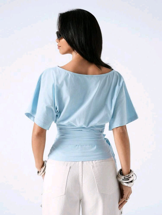 Women’s Light Blue Cotton Wrap Top – Short Sleeve Tie Waist Casual Blouse