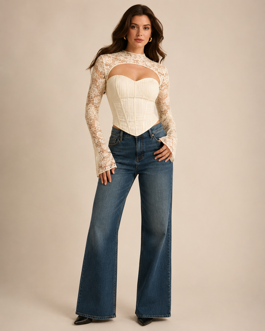 SHEIN Fast Delivery Ivory Lace Cutout Corset Top