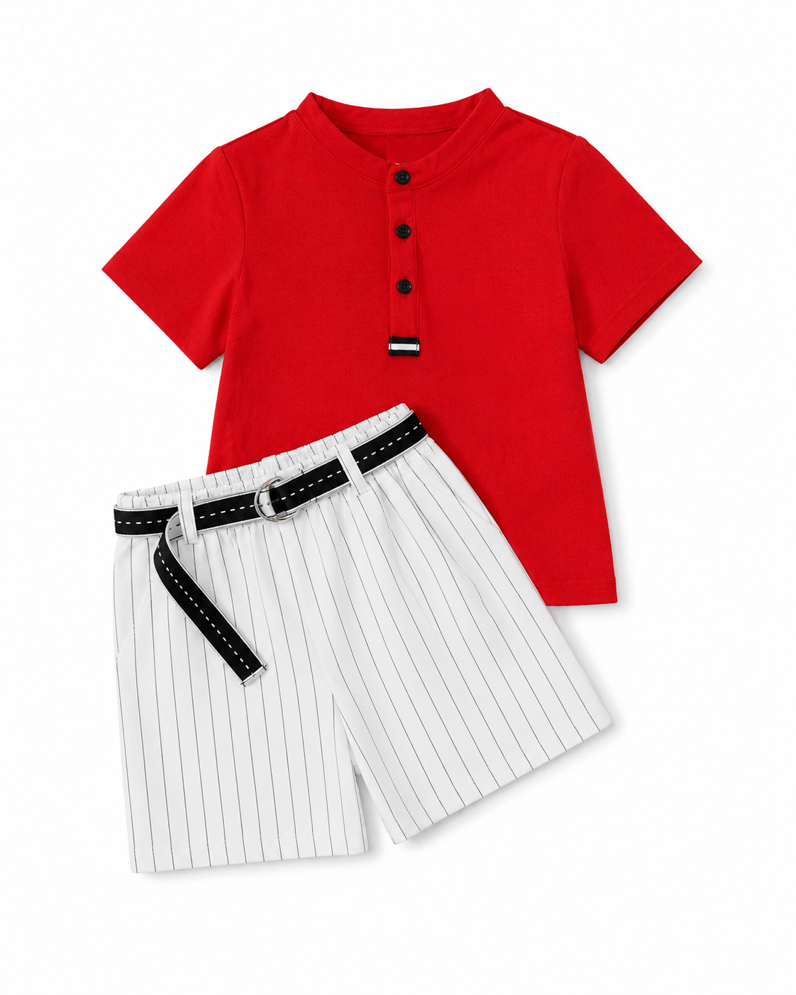 Boys Red Henley T-Shirt and White Striped Shorts Set