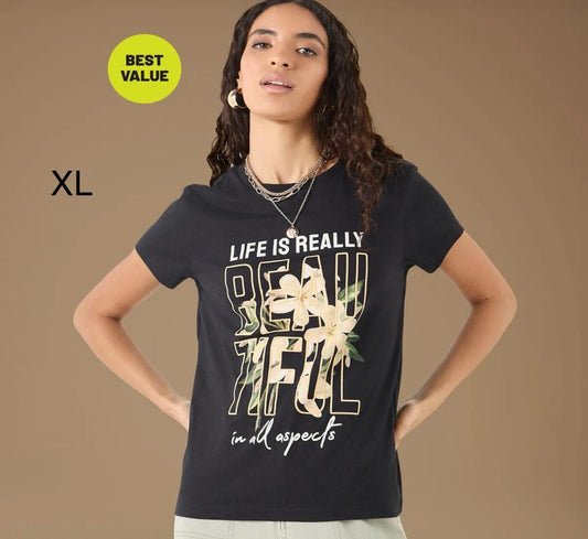 Women’s Black Floral Quote Graphic Cotton T-Shirt, Casual Short Sleeve Top